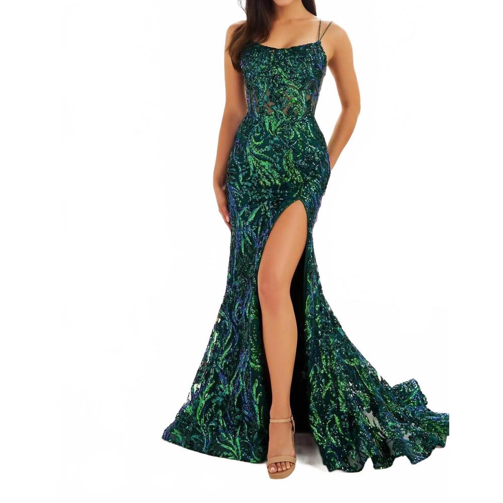NEW ELLIE WILDE sequin gown with high slit in emerald